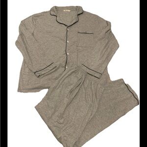 Yoimina Men’s PJS Set Gray Button Down Navy Trim Large Long Sleeve